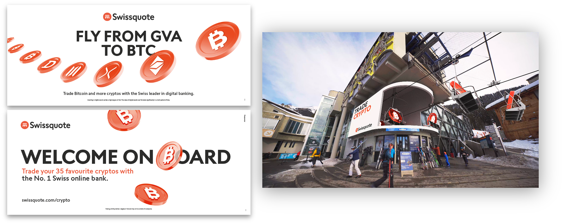 Affichage OOH aéroport et écran DOOH de la campagne crypto Swissquote